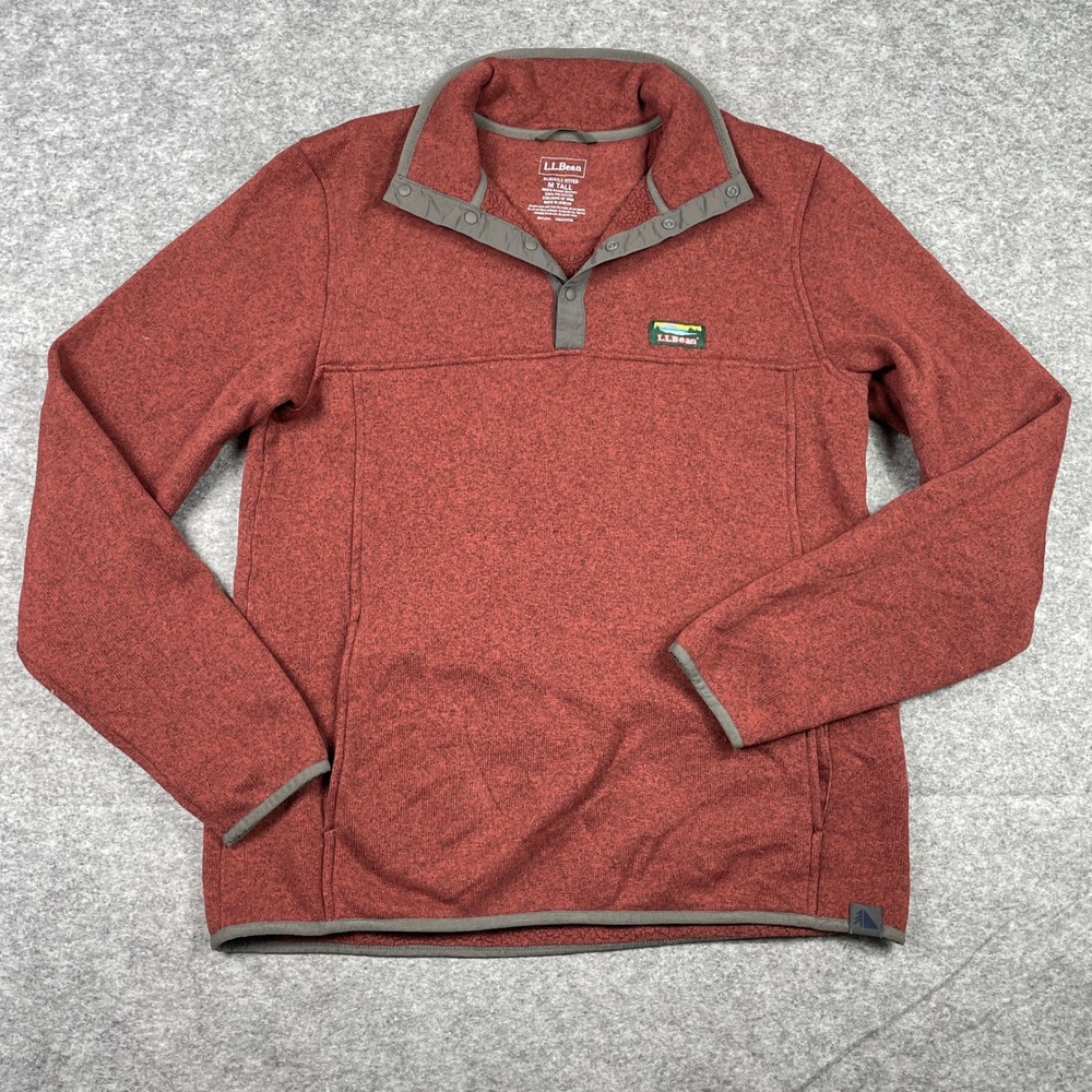 LL Bean Sweater Fleece Pullover Mens M Tall Maroon Red Snap Neck Katahdin